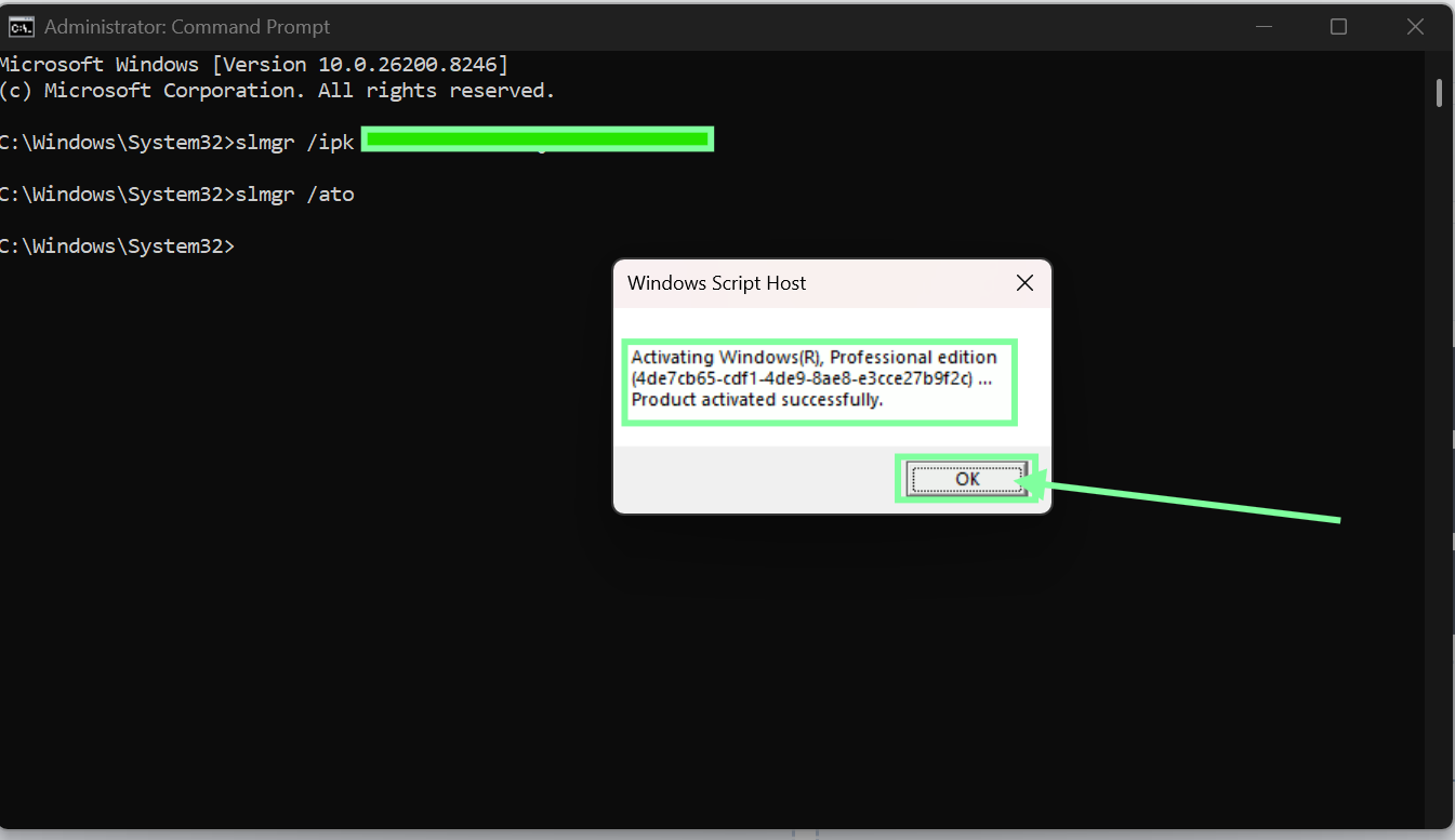 Online activation confirmation screenshot