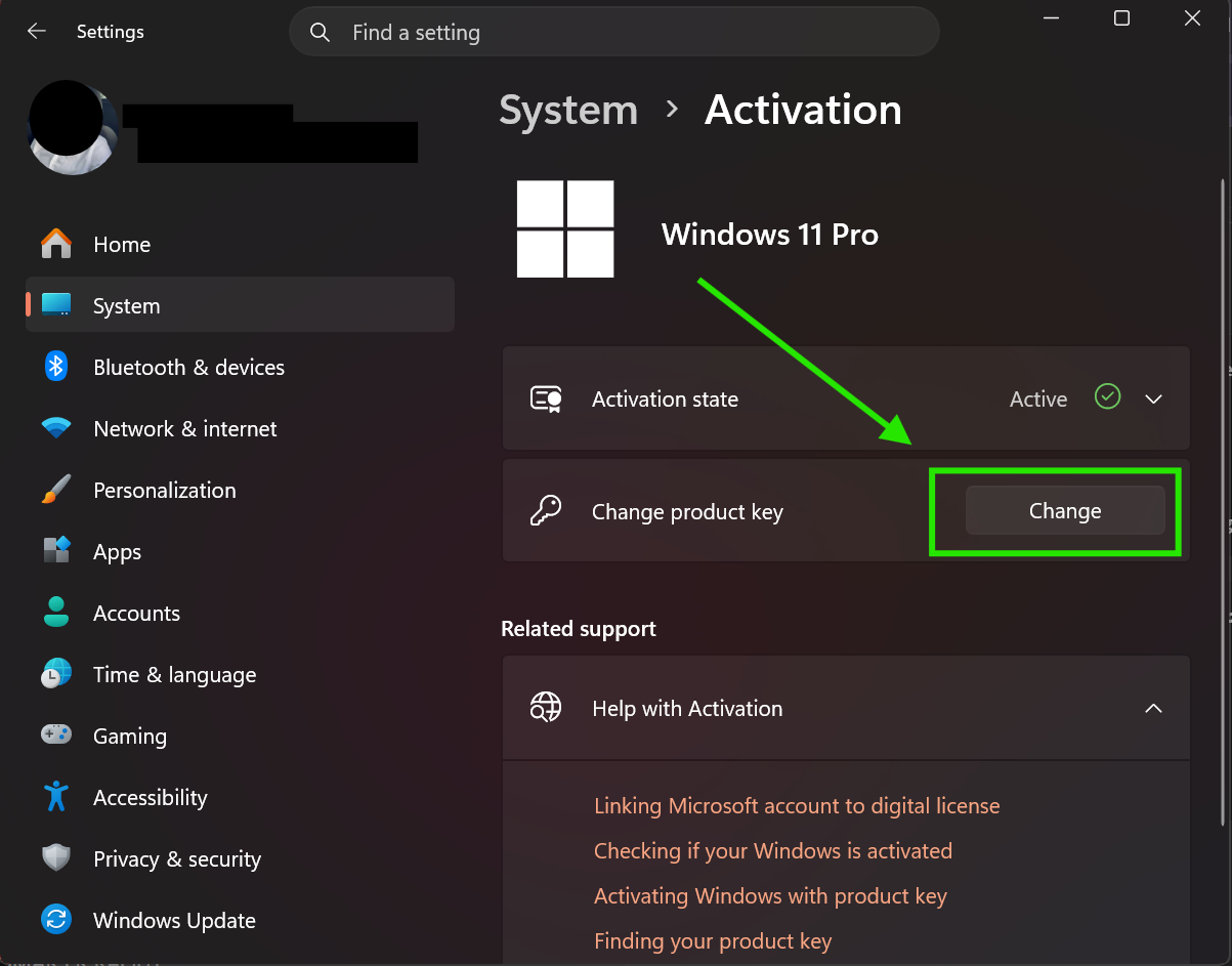 Change Product Key Window screenshot