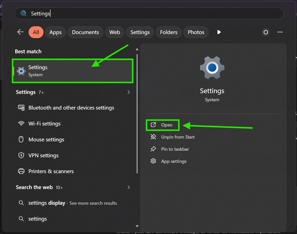 Open Settings screenshot