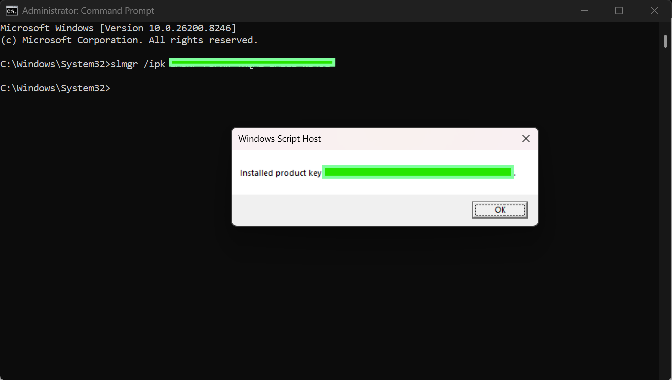 Product key installation confirmation screenshot